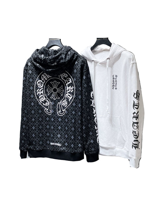 Graphic Horseshoe Zip-Up Hoodie – Black & White