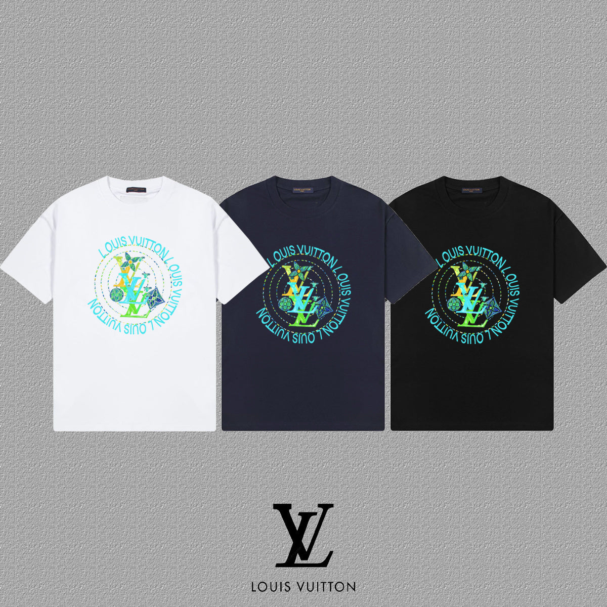 Three t-shirts in white, navy, and black with a colorful graphic on a gray background,