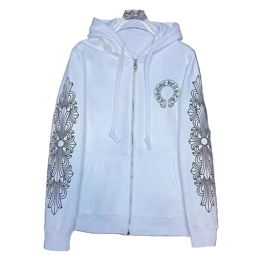 White hoodie with black floral patterns on sleeves against a marble floor background