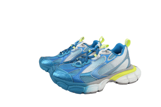 Blue and white sneakers with yellow accents on a white background,