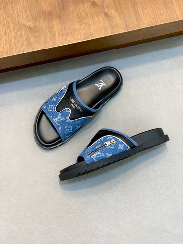 Monogram-Style Slide Sandals – Denim & Black Slip-On Casual Slides