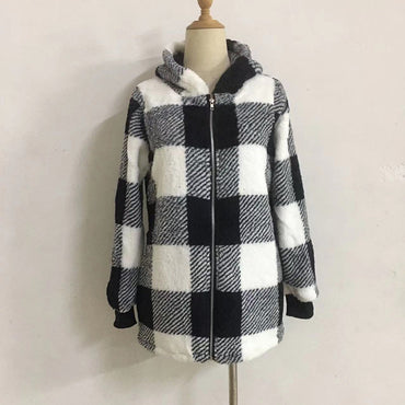 Plaid Hooded Zip-Up Oversized Jacket — Women’s Winter Commute Coat