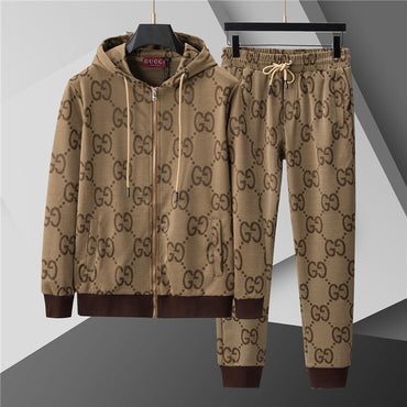 2-Piece Luxury Monogram Tracksuit – Zip Hoodie & Stripe Jogger Set