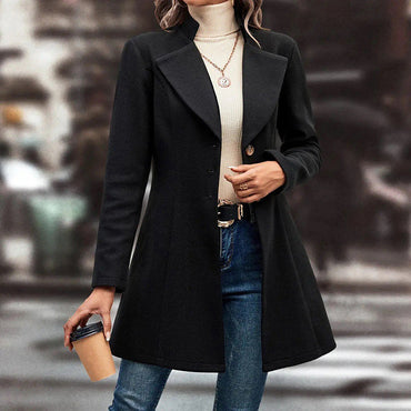 Women’s Winter Overcoat — Lapel Collar, Single-Breasted, Long Pea Coat
