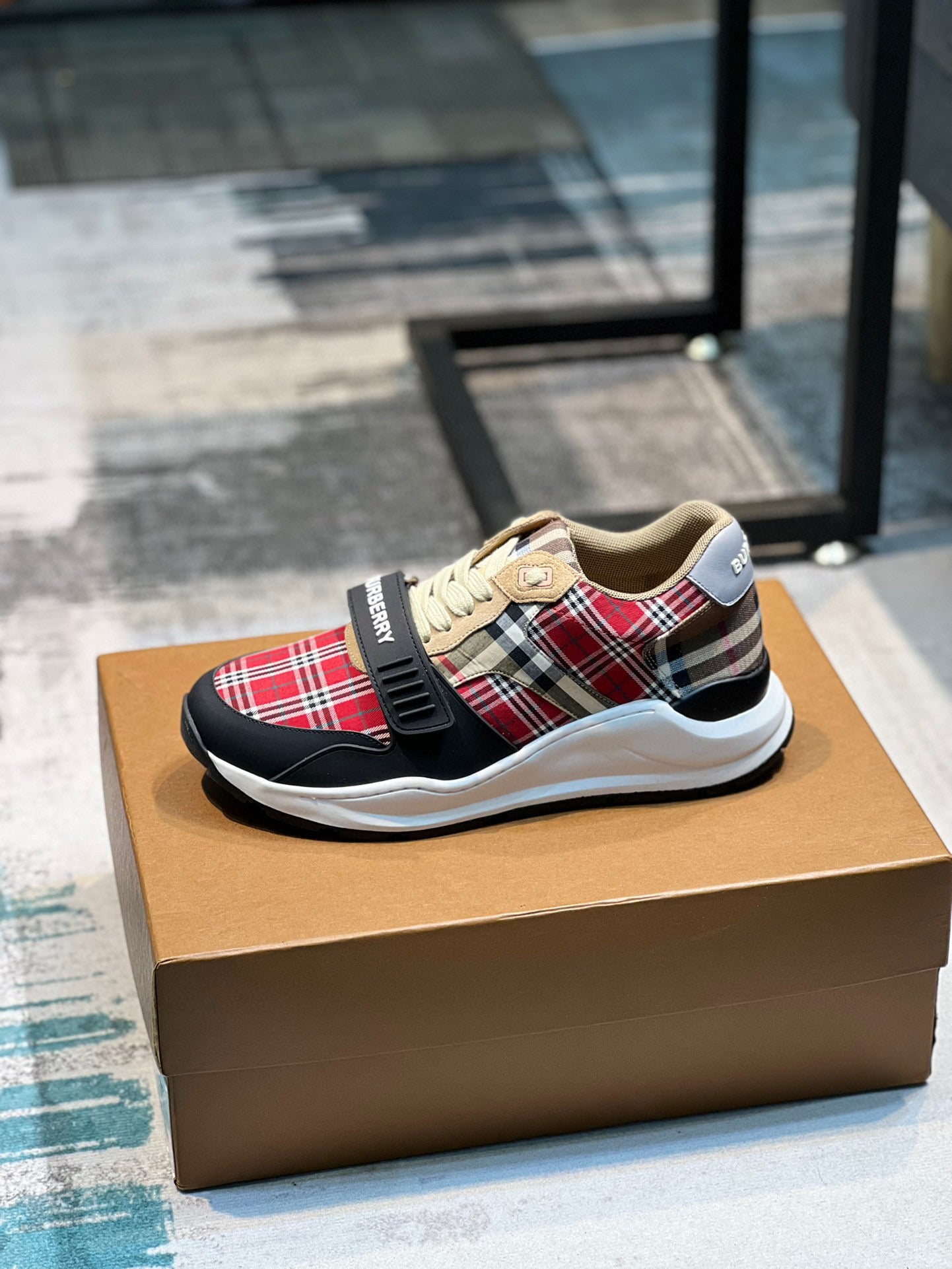 Burberry Ramsey Red/Beige Check Canvas Suede Strap Sneaker - TruVybe Essentials