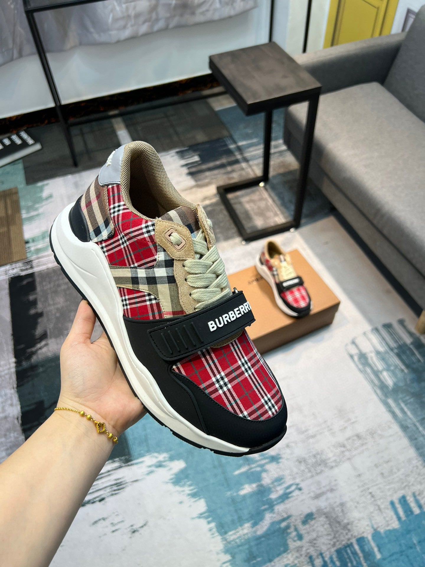 Burberry Ramsey Red/Beige Check Canvas Suede Strap Sneaker - TruVybe Essentials