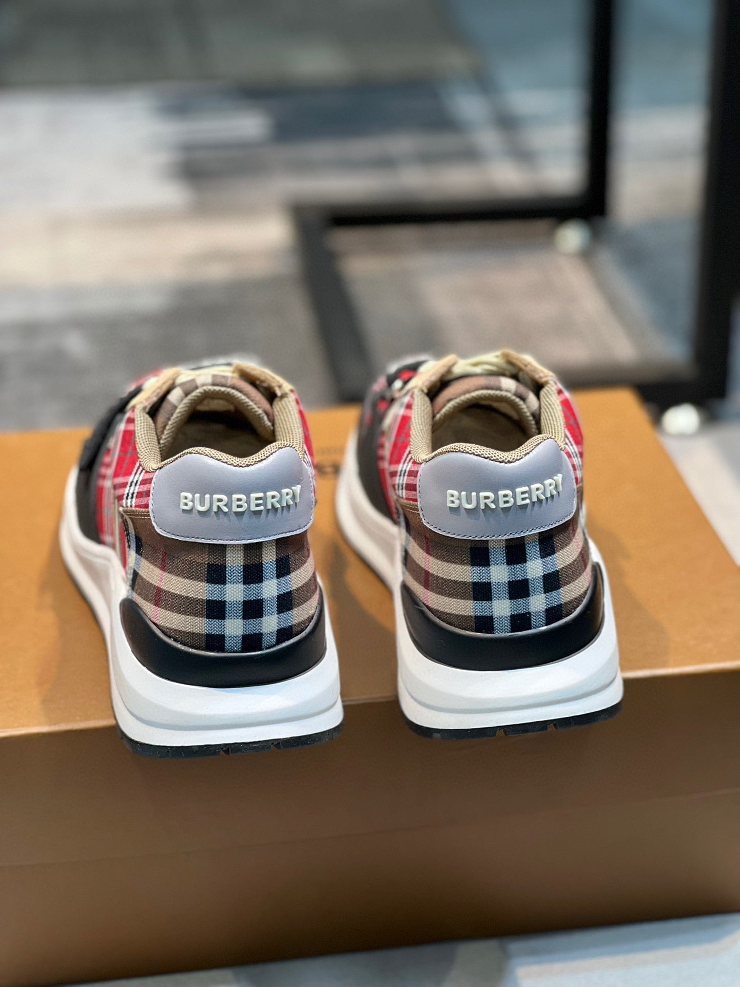 Burberry Ramsey Red/Beige Check Canvas Suede Strap Sneaker - TruVybe Essentials