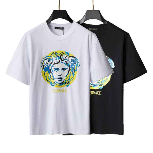 White & Black Wool-Cotton Blend Graphic Motif Tee — Blue & Yellow Accent Design - TruVybe Essentials
