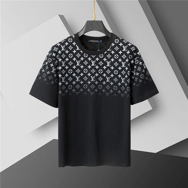 Black t-shirt with white pattern on a gray background