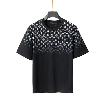 Black t-shirt with white pattern on a gray background