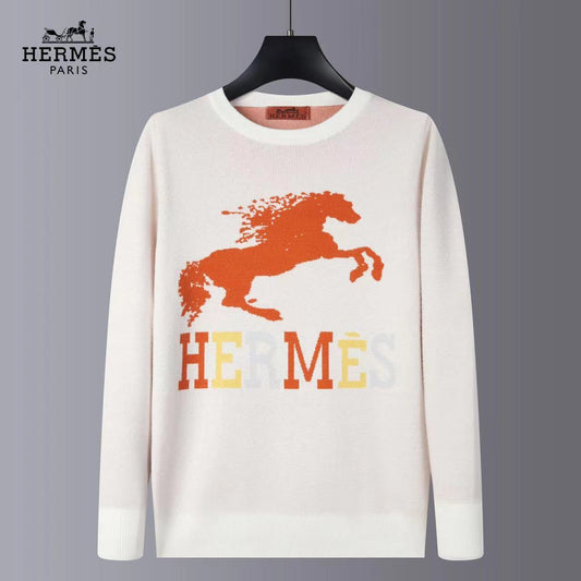 White sweater with orange horse graphic