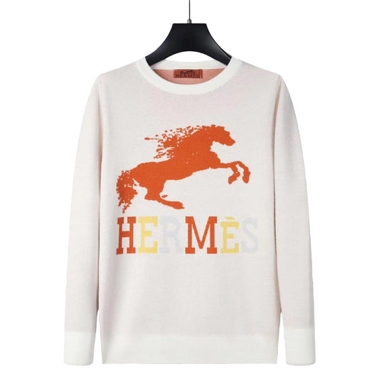 White sweater with orange horse graphic