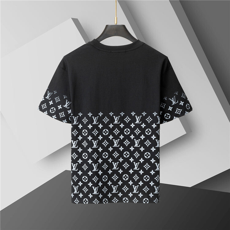 Black t-shirt with white pattern on a gray background