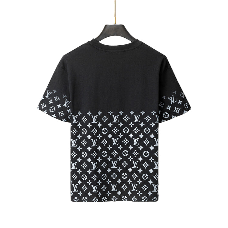 Black t-shirt with white pattern on a gray background