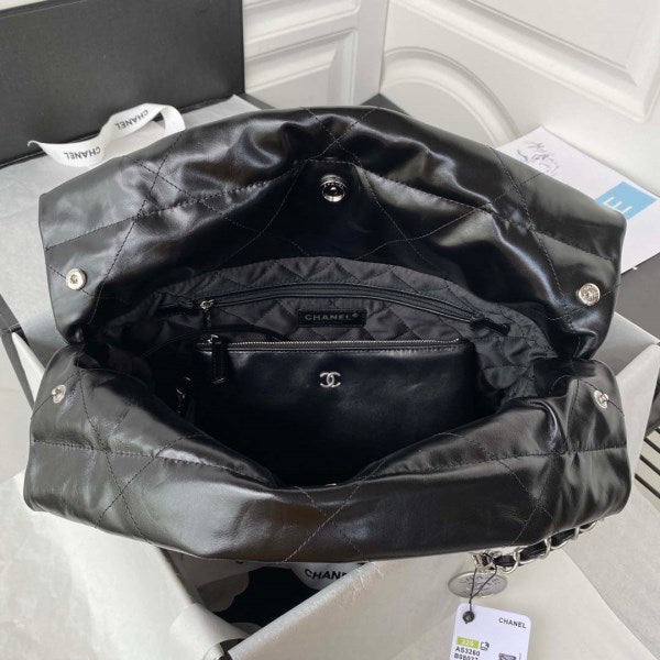 Chanel 22 Small Handbag Shiny Calfskin AS3260 Black with Silver Logo - TruVybe Essentials