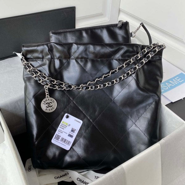 Chanel 22 Small Handbag Shiny Calfskin AS3260 Black with Silver Logo - TruVybe Essentials