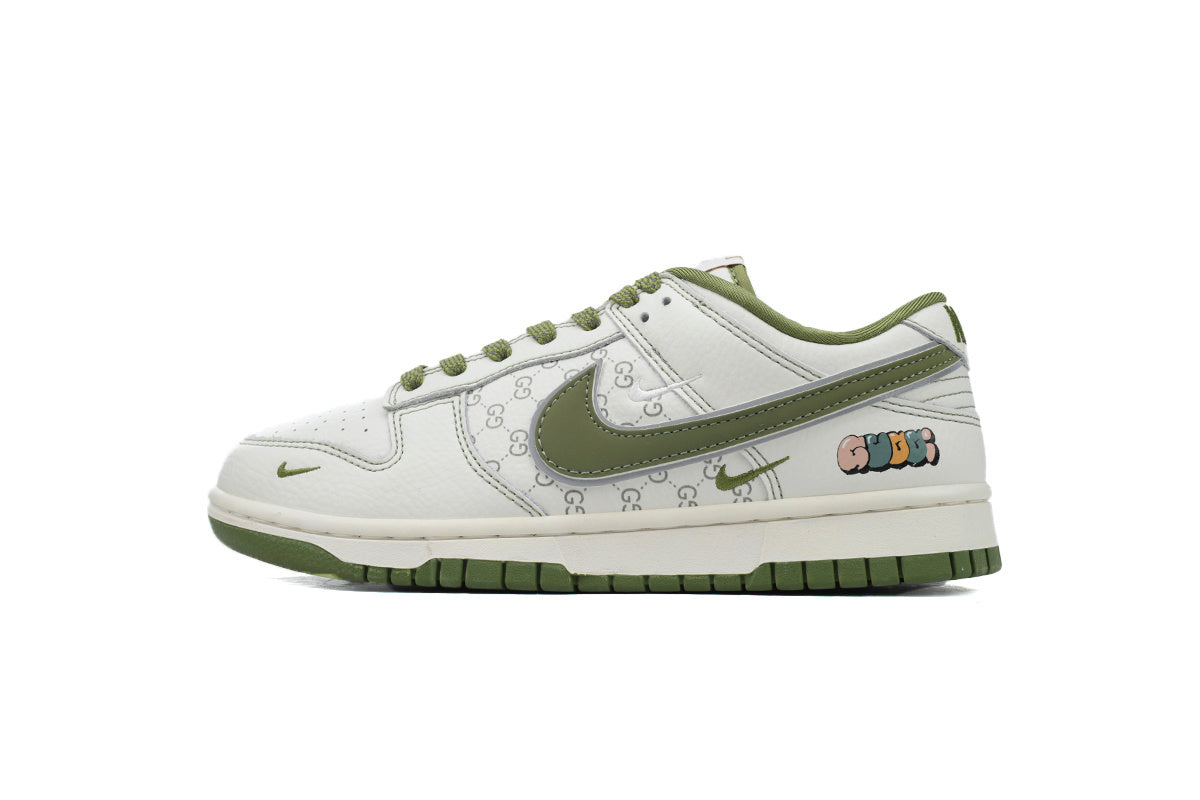 White sneaker with green accents on a white background