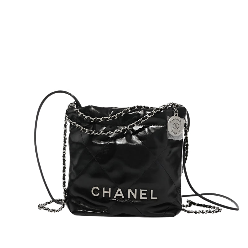 Chanel 22 Small Handbag AS3260 – Black Shiny Crumpled Calfskin with Gold/Silver “CHANEL” Logo