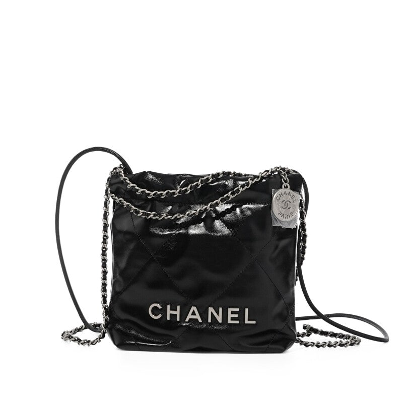 Chanel 22 Small Handbag AS3260 – Black Shiny Crumpled Calfskin with Gold/Silver “CHANEL” Logo