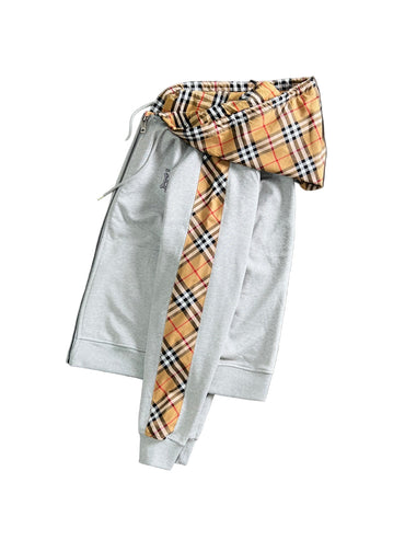 Gray Luxury Zip-Up Hoodie – Monogram Chest & Check Accent Design