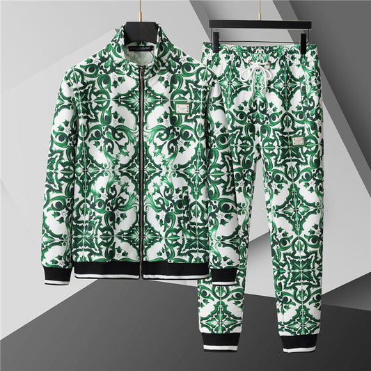 Green Majolica Motif Zip Hoodie & Joggers Set — Statement Graphic Knit