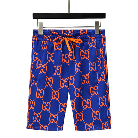 Luxury Jacquard Shorts – Blue & Orange Monogram Style