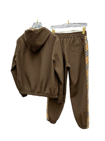 Luxury Tracksuit Set – Brown Hoodie & Joggers with Check Stripes