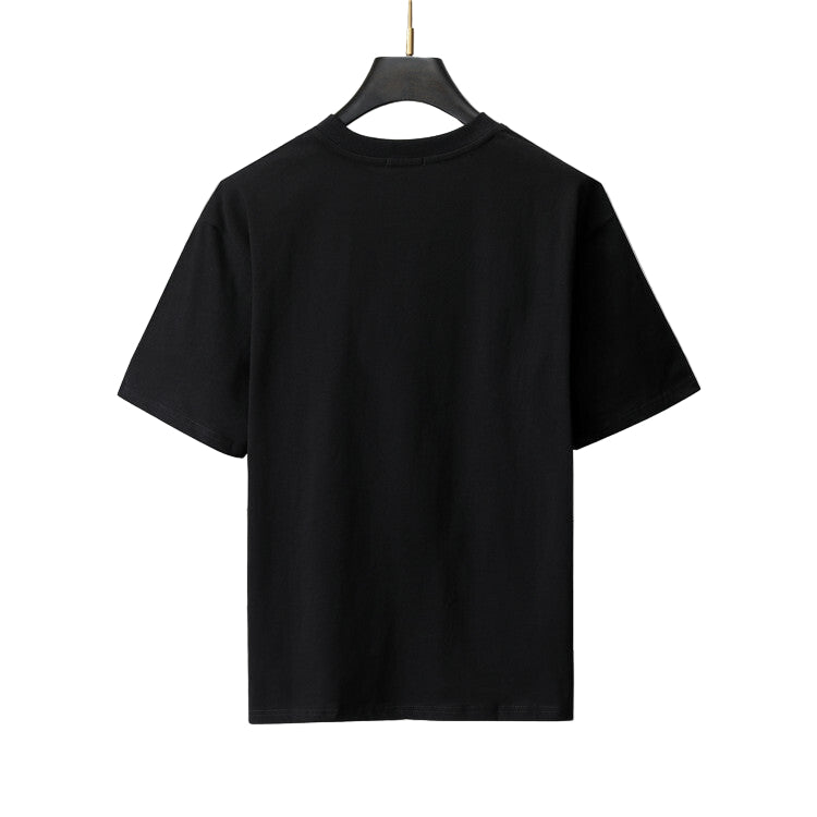 White & Black Wool-Cotton Blend Graphic Motif Tee — Blue & Yellow Accent Design