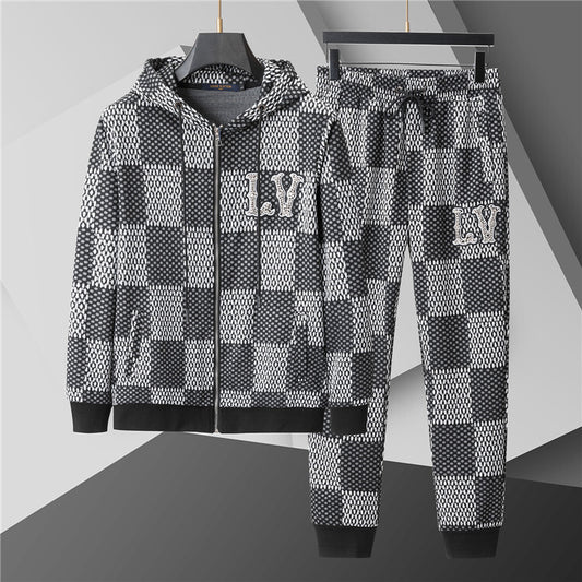 Luxury Checkerboard Tracksuit – Black & White Zip Hoodie Set