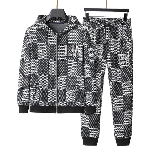 Black and white checkered hoodie and pants set with on a gray background