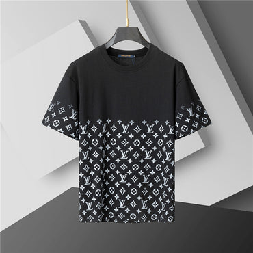 Black t-shirt with white pattern on a gray background
