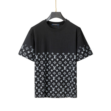 Black t-shirt with white pattern on a gray background