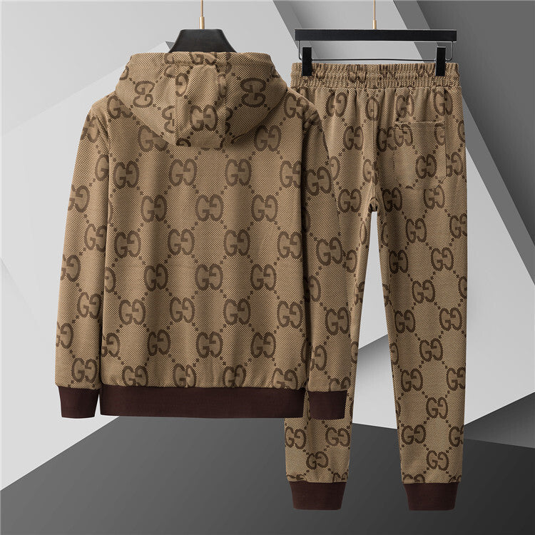 2-Piece Luxury Monogram Tracksuit – Zip Hoodie & Stripe Jogger Set