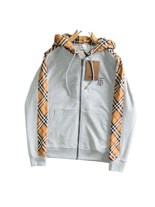 Gray Luxury Zip-Up Hoodie – Monogram Chest & Check Accent Design