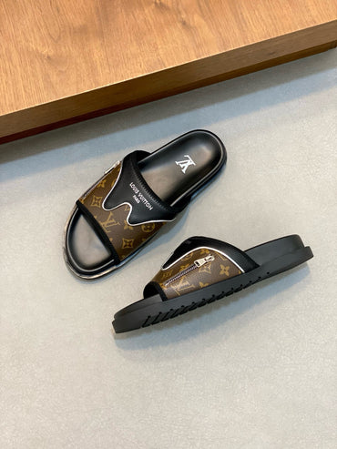 Monogram-Style Slide Sandals – Black & Brown Slip-On Casual Slides