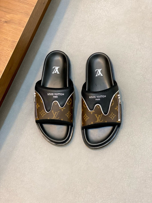 Monogram-Style Slide Sandals – Black & Brown Slip-On Casual Slides