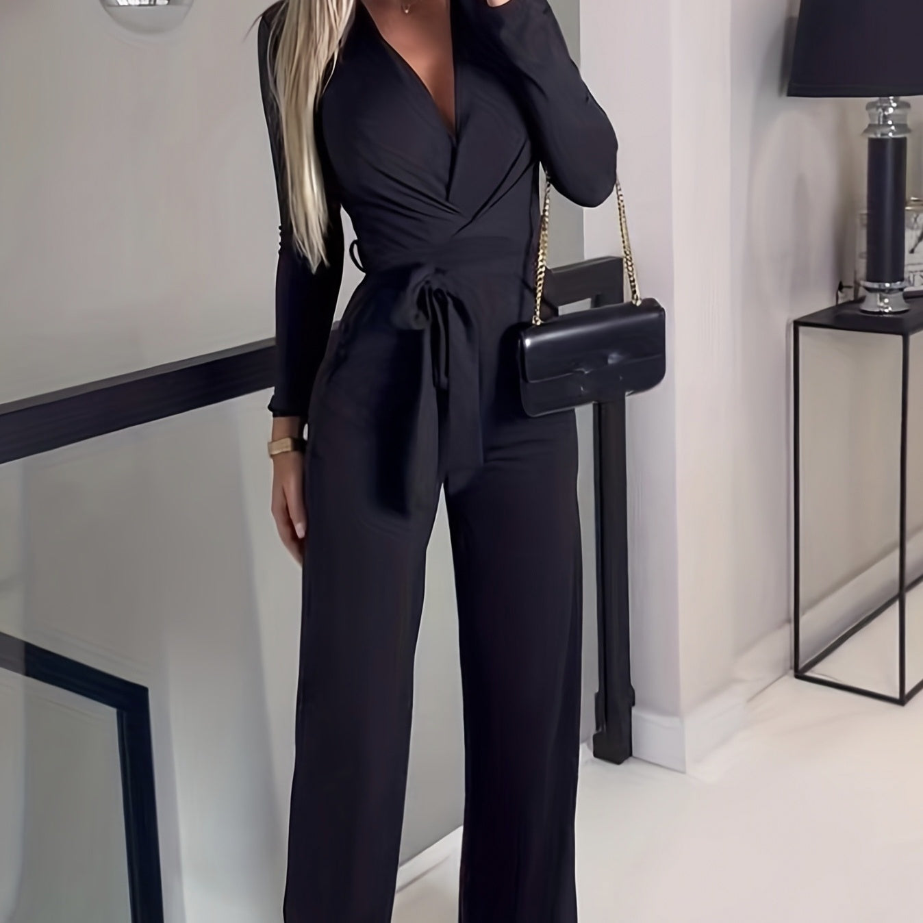 Ladies' Fashionable Slim Fit Sexy V-neck Long Sleeved Slimming Jumpsuit