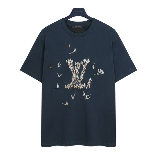 Embroidered Cotton T-Shirt – Navy Blue Designer Tee with LV Regatta Sailing Motif