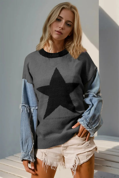 Double Take Star-Pattern Raw-Edge Long Sleeve Sweater