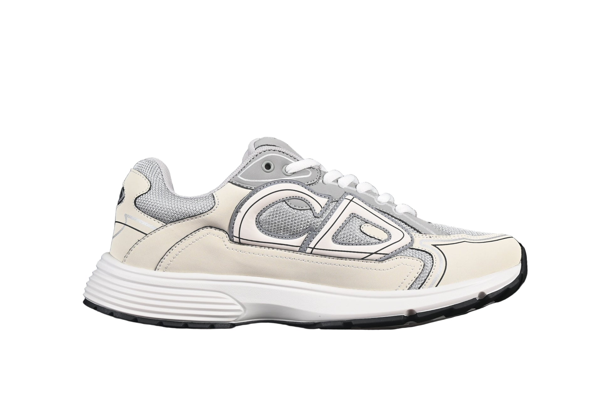 White and gray sneaker on a black background