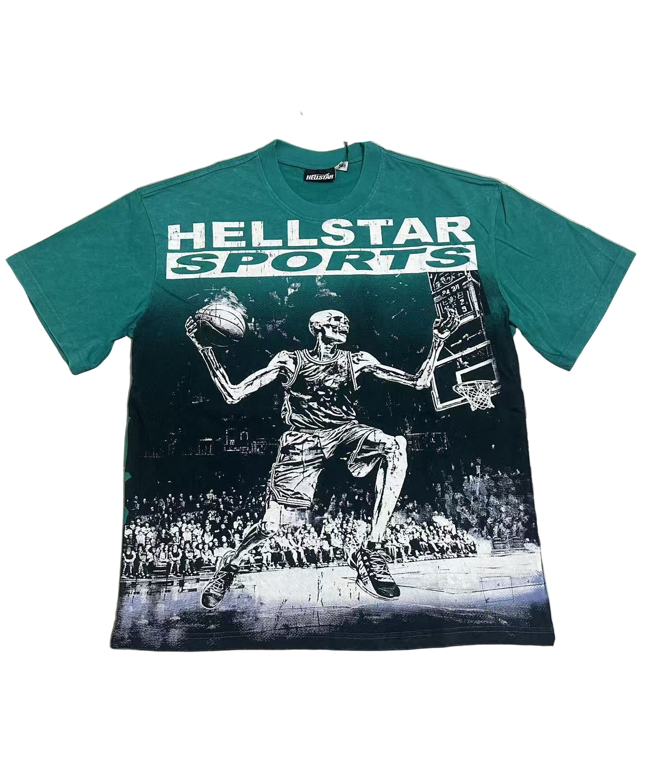 Teal t-shirt with skeleton basketball player graphic 