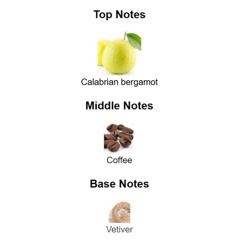 Chart showing top, middle, and base notes of a fragrance with bergamot, coffee, and vetiver images.