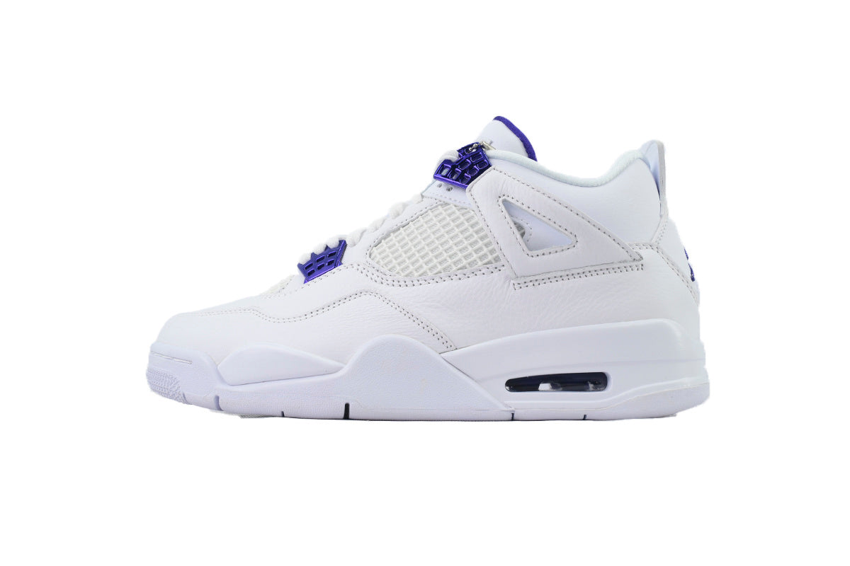 White sneaker with purple accents on a white background