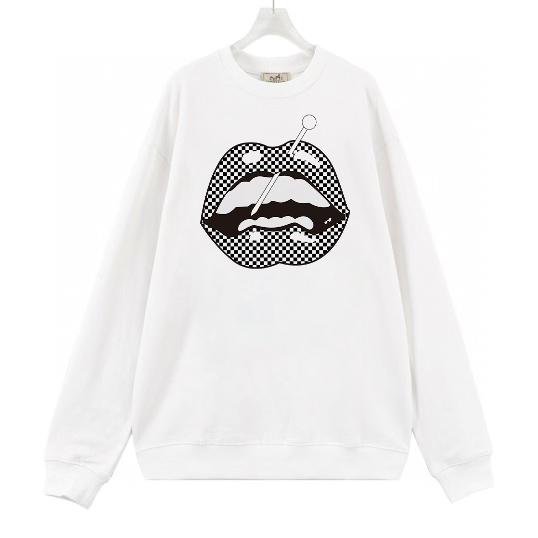 White Graphic Sweatshirt – Checkerboard Mouth & Safety Pin Design
