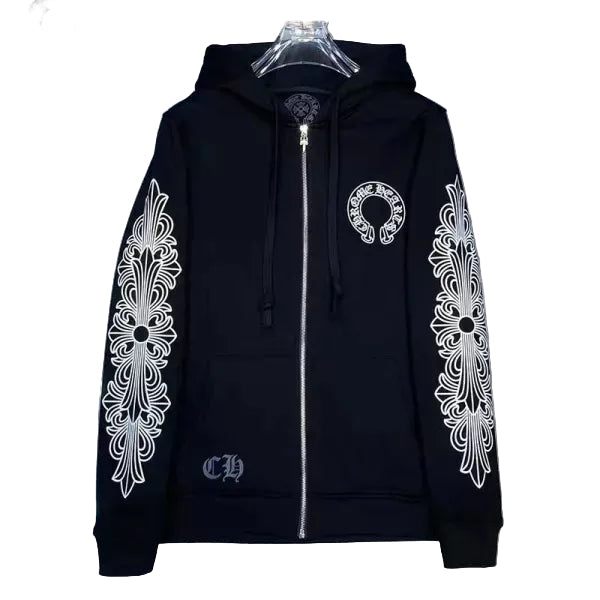 Black hoodie with white designs