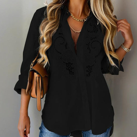 Women’s Contrast Lace Long-Sleeve Button‑Down Blouse