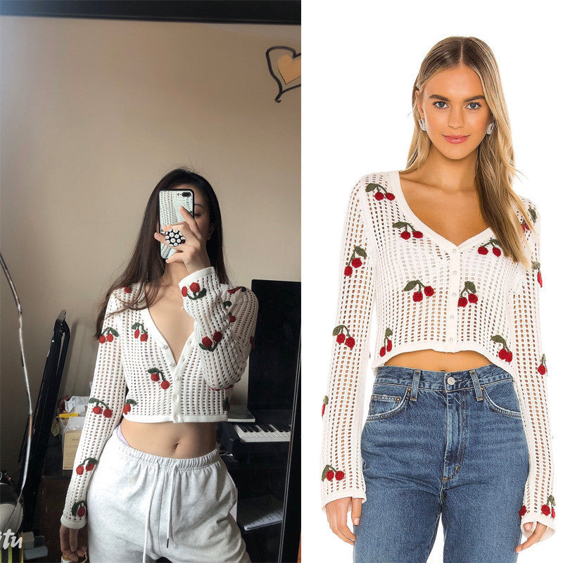 Women’s Cherry Embroidery Crochet Cardigan
