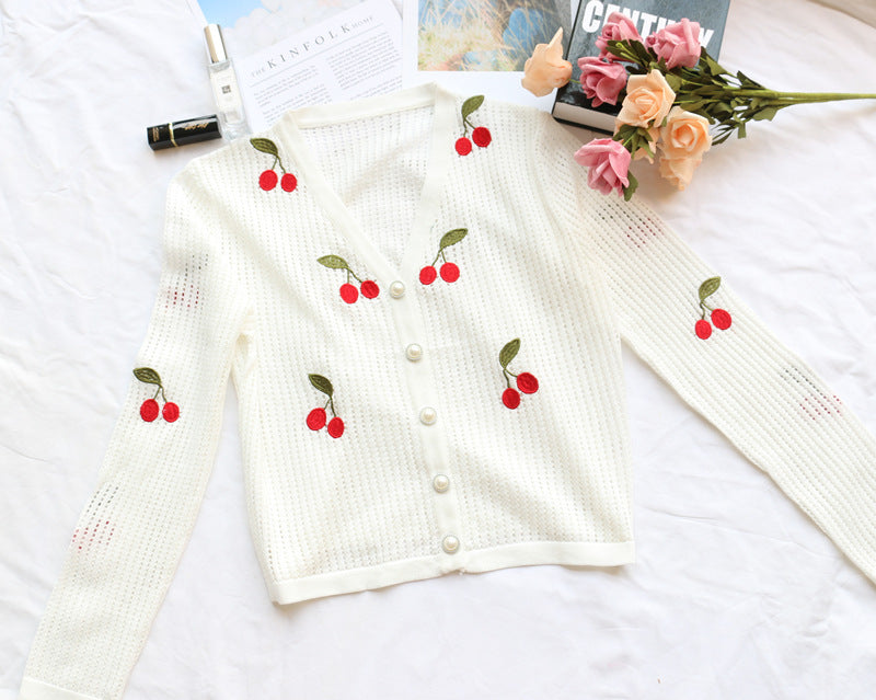 Women’s Cherry Embroidery Crochet Cardigan