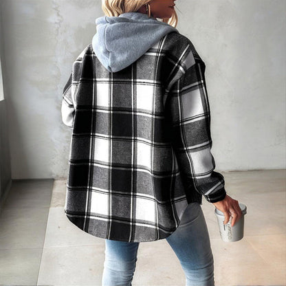 Plaid Drawstring Hoodie Shirt
