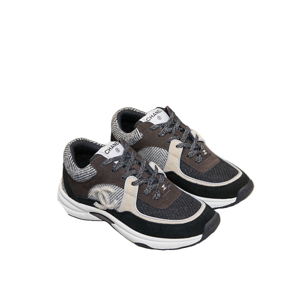 Black & Grey Tweed Low Trainers – CC Logo Suede & Tweed Sneakers